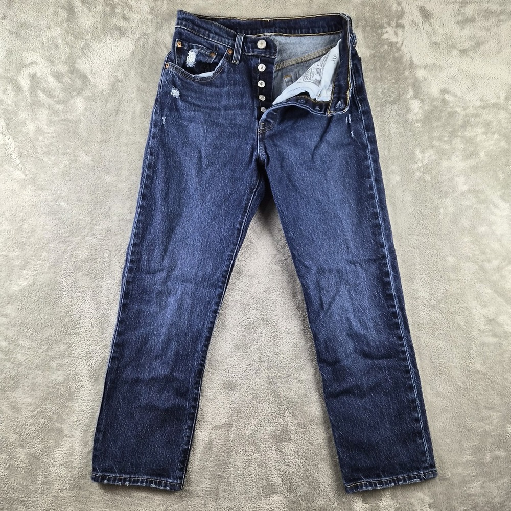 Levis 501 Jeans Womens 26x26 Blue Denim Stretch Button Fly Distressed Straight